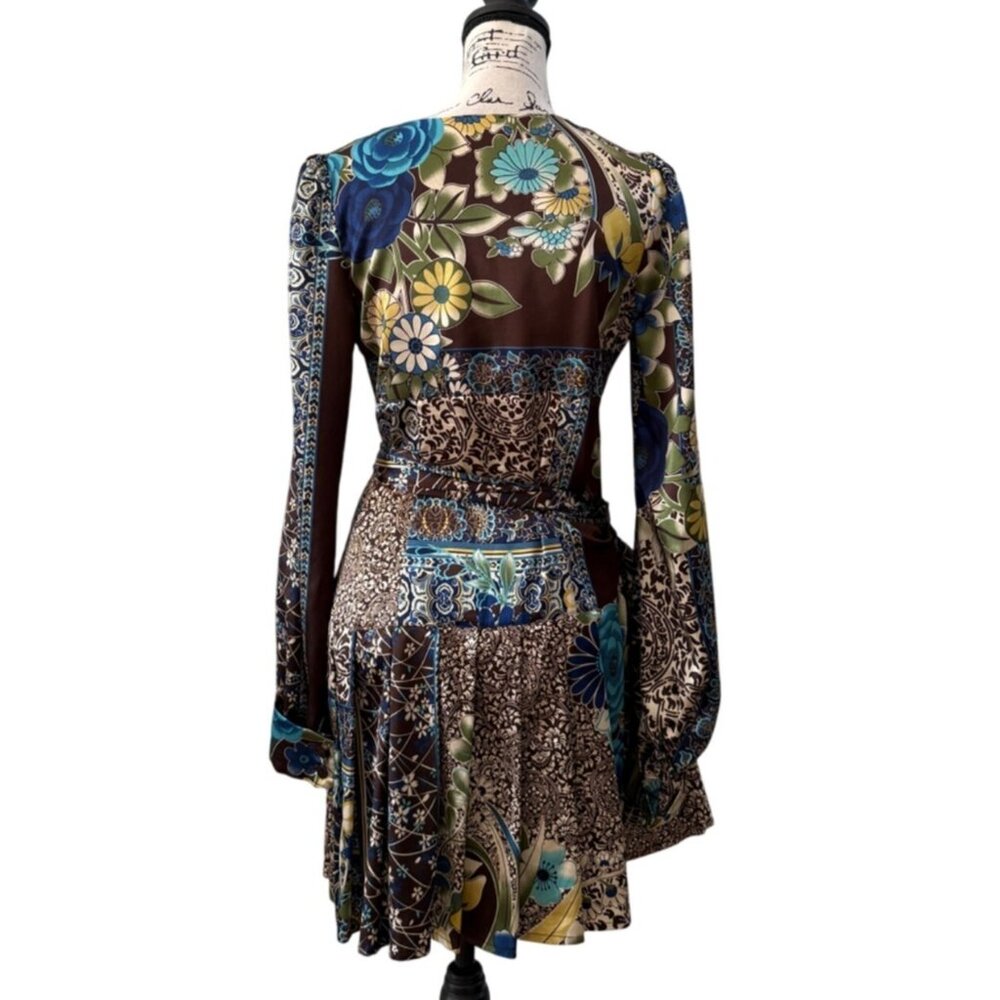 Blu Studio Womens Dress Italian Patchwork Floral Long Sleeve Satin Boho Size S - Picture 3 of 6